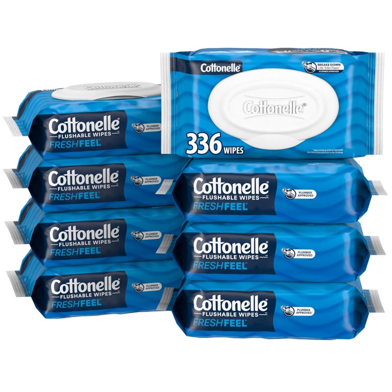 Cottonelle مناديل مبللة قابلة للشطف من كوتونيل، مناديل مبللة للبالغين، 8 عبوات بغطاء قابل للفتح، 42 منديل في كل عبوة (336 منديل إجمالي)، قد يختلف التعبئة والتغليف - Image 1