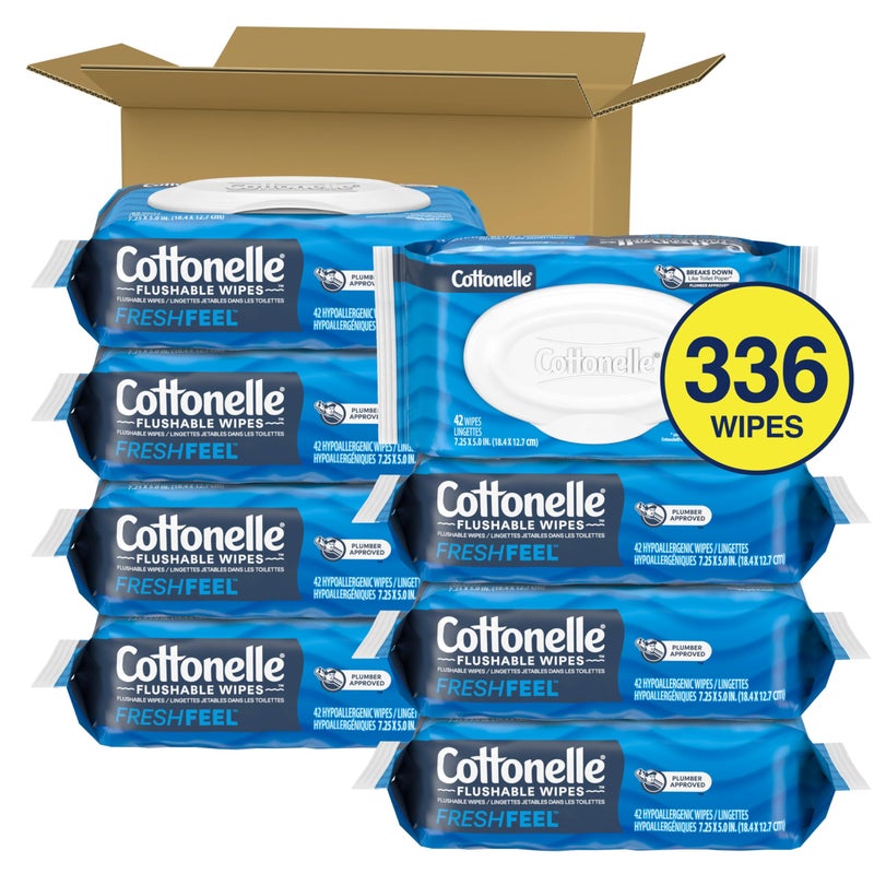 Cottonelle مناديل مبللة قابلة للشطف من كوتونيل، مناديل مبللة للبالغين، 8 عبوات بغطاء قابل للفتح، 42 منديل في كل عبوة (336 منديل إجمالي)، قد يختلف التعبئة والتغليف - Image 2