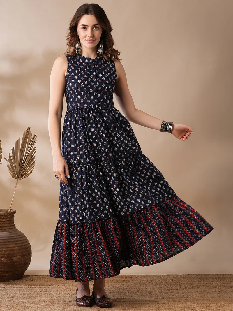 globus Women Floral Block Print Mandarin Collar Tiered Fit & Flare Fusion Maxi Dress