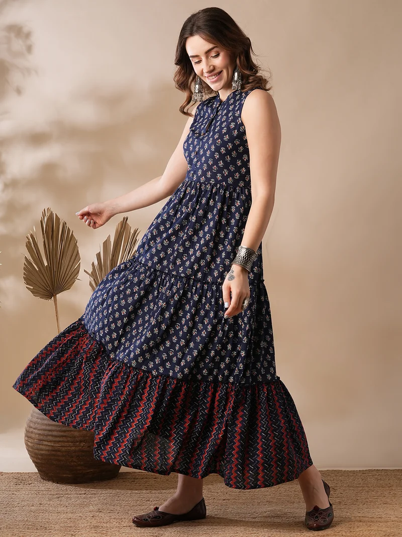 globus Women Floral Block Print Mandarin Collar Tiered Fit & Flare Fusion Maxi Dress
