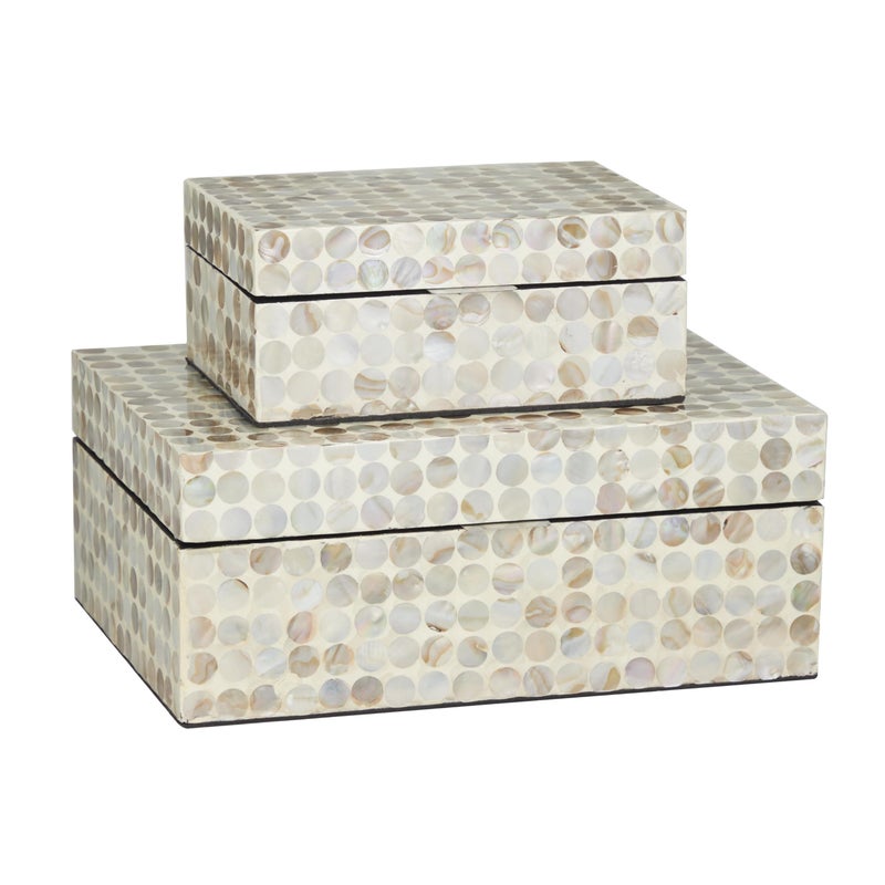 Deco 79 Deco 79 Mother of Pearl Shell Geometric Handmade Decorative Box Decorative Keepsake Boxes with Hinged Lid Set of 2 Storage Boxes 12 8W Cream  - Image 1
