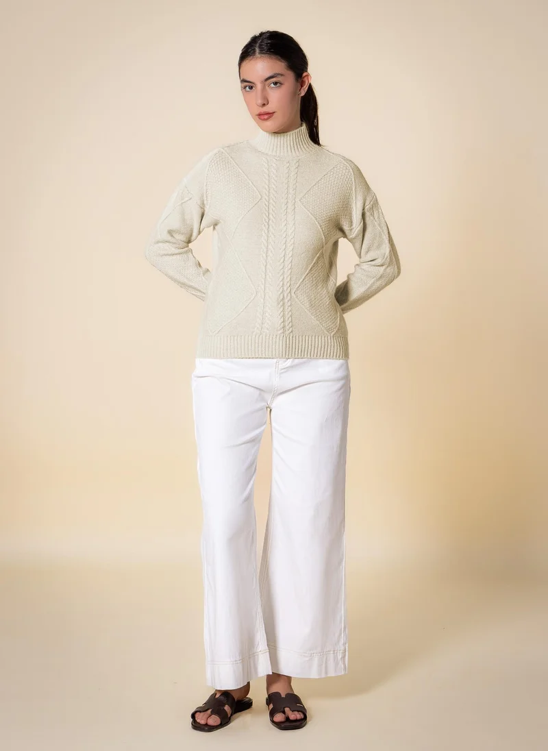 Shapes Light Beige CABLE KNIT HIGH NECK SWEATER for Women | Best Price UAE