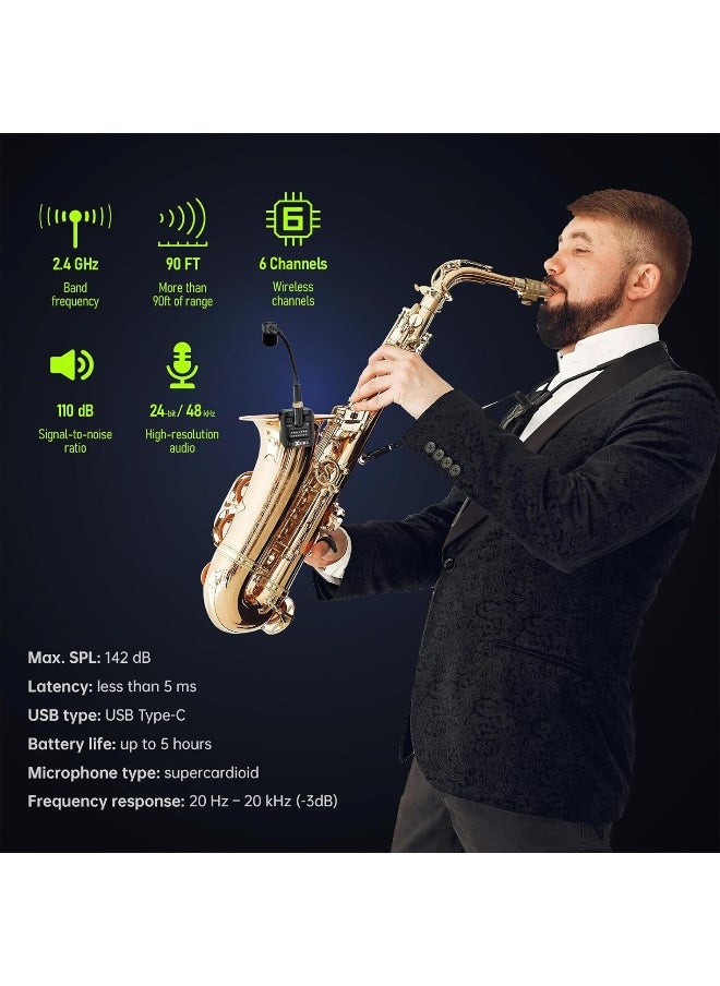 Xvive - Xvive U7 Saxophone Microphone Wireless System 2.4 GHz Wireless Microphone for Saxophones, Trumpet, Trombone Brass Instruments - Image 1