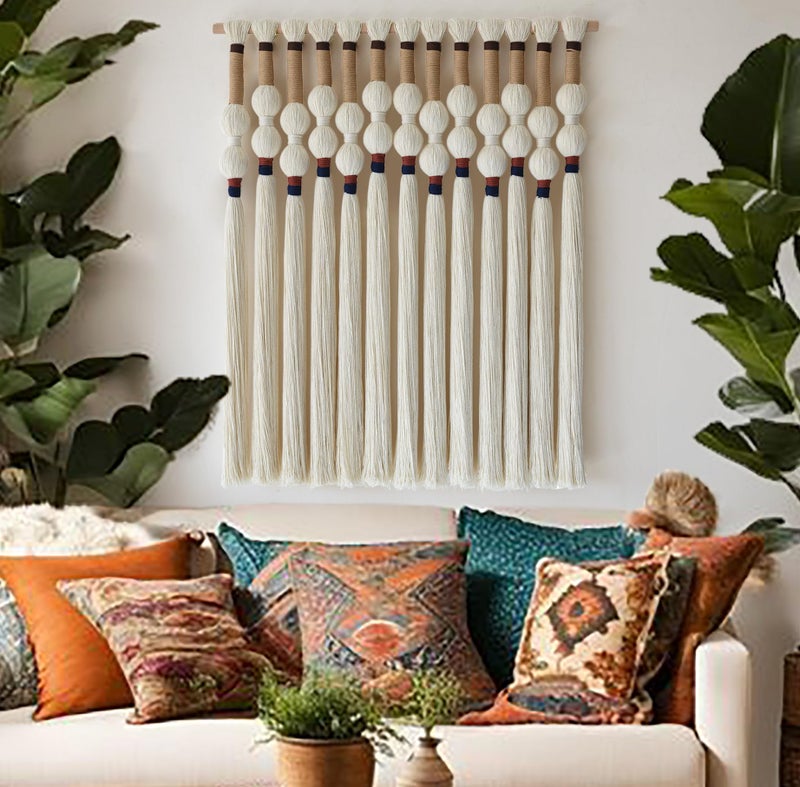 Macrame Wall Hanging Boho Wall Art Handmade Spherical Knot Design with Tassel Fringe Boho Decor for Bedroom Living Room for Home Decoration 27 W x 33 L