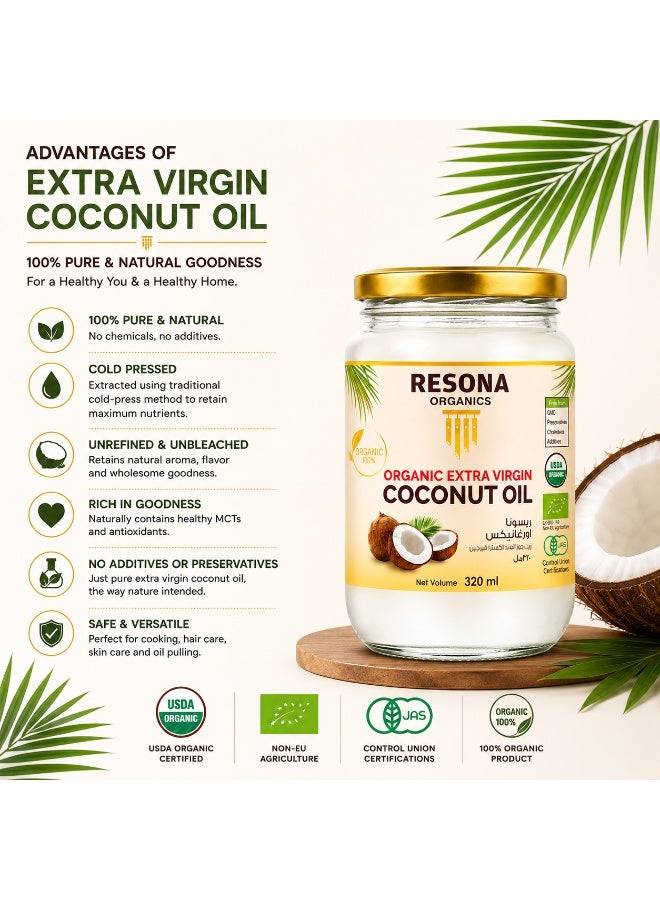 Resona Organics Organic Extra Virgin Coconut Oil, 320 ml Glass Jar - Image 3