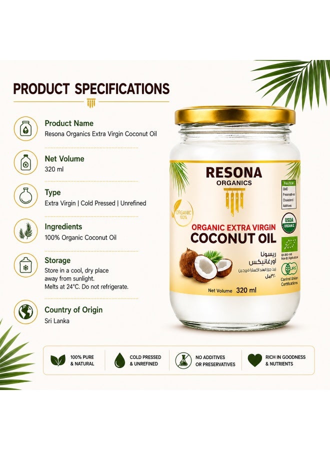 Resona Organics Organic Extra Virgin Coconut Oil, 320 ml Glass Jar - Image 4