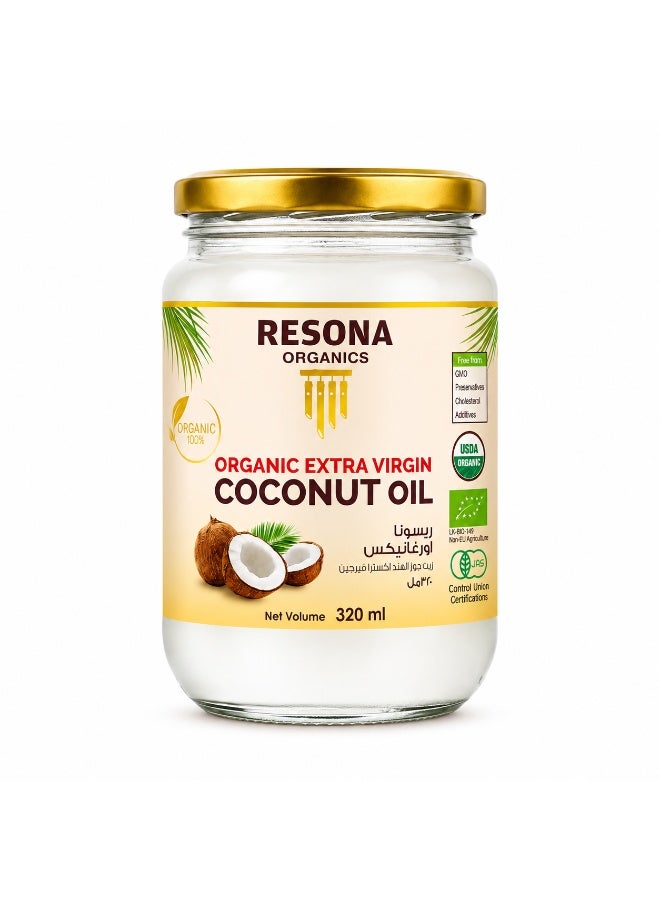 Resona Organics Organic Extra Virgin Coconut Oil, 320 ml Glass Jar - Image 1