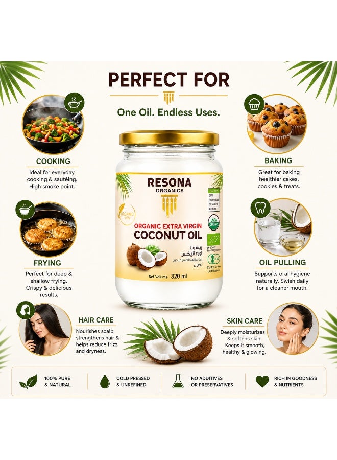 Resona Organics Organic Extra Virgin Coconut Oil, 320 ml Glass Jar - Image 5