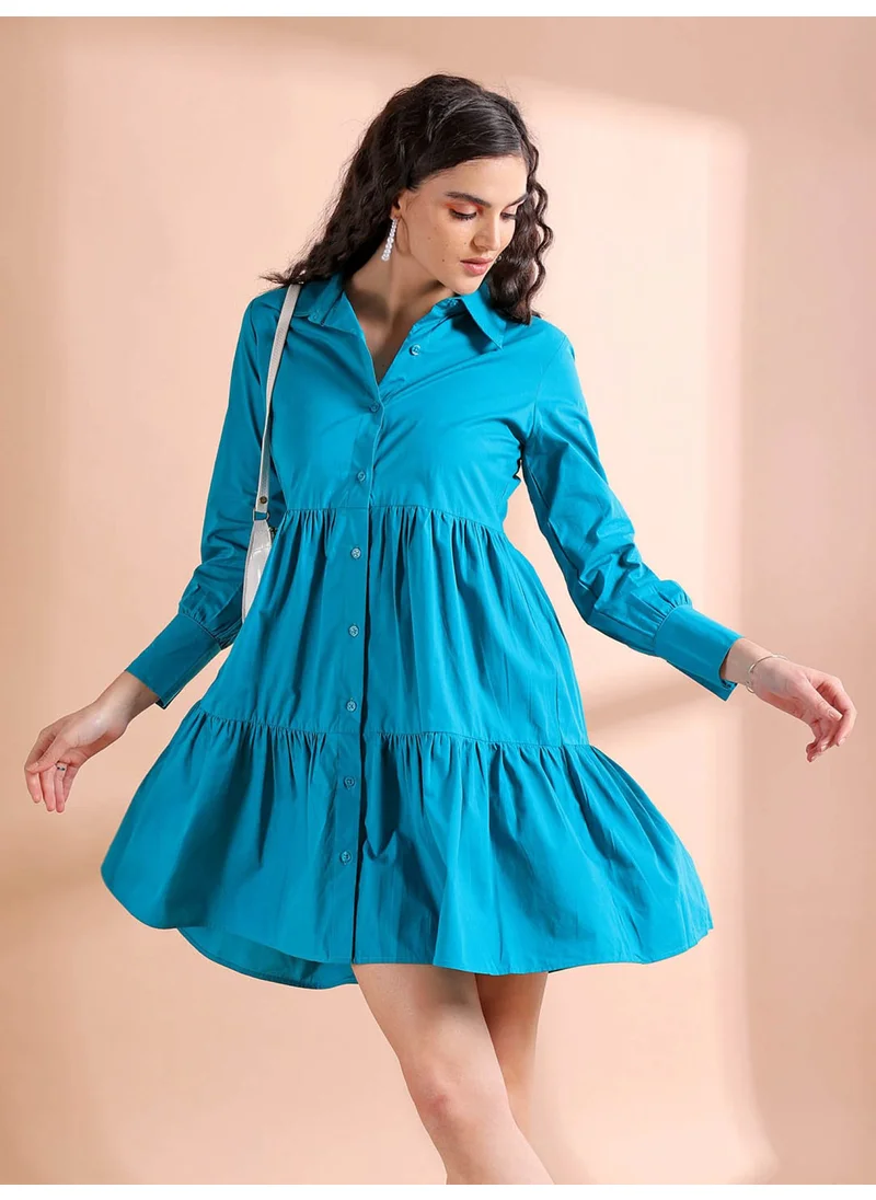 مرفوعة Women Casual Fit And Flare Solid Tiered Collared Neck Shirt Dress