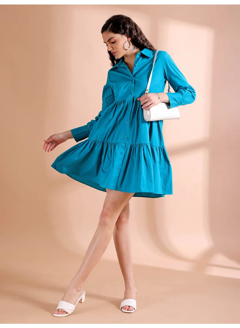 مرفوعة Women Casual Fit And Flare Solid Tiered Collared Neck Shirt Dress