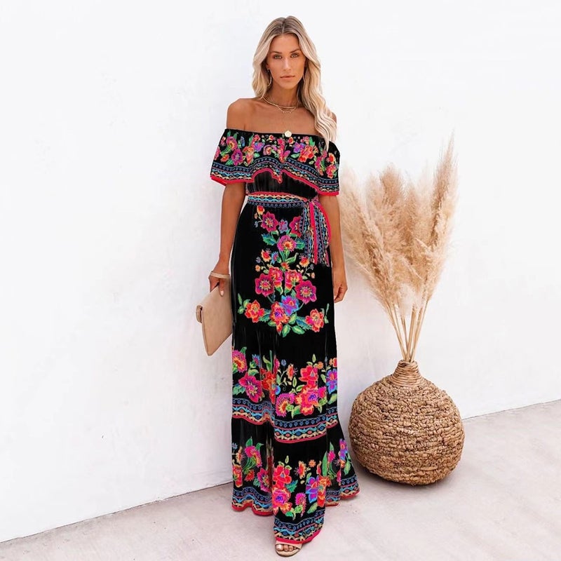 2024 Floral Off-Shoulder Maxi Dress Black Red  - Image 1