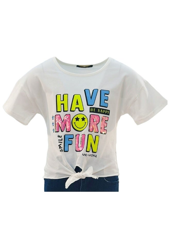 JOANNA JOANNA 23KY371B Girl's Front Tie With Have More Fun Print Round Neck Short Sleeve T-Shirt - White  - Image 1