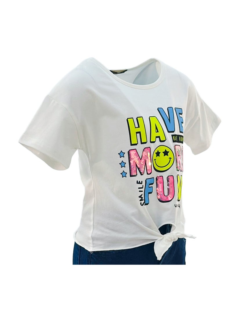 جوانا تي شيرت فتيات بربطة أمامية برقبة دائرية وأكمام قصيرة بطبعة "استمتعي أكثر" - أبيض - Image 5