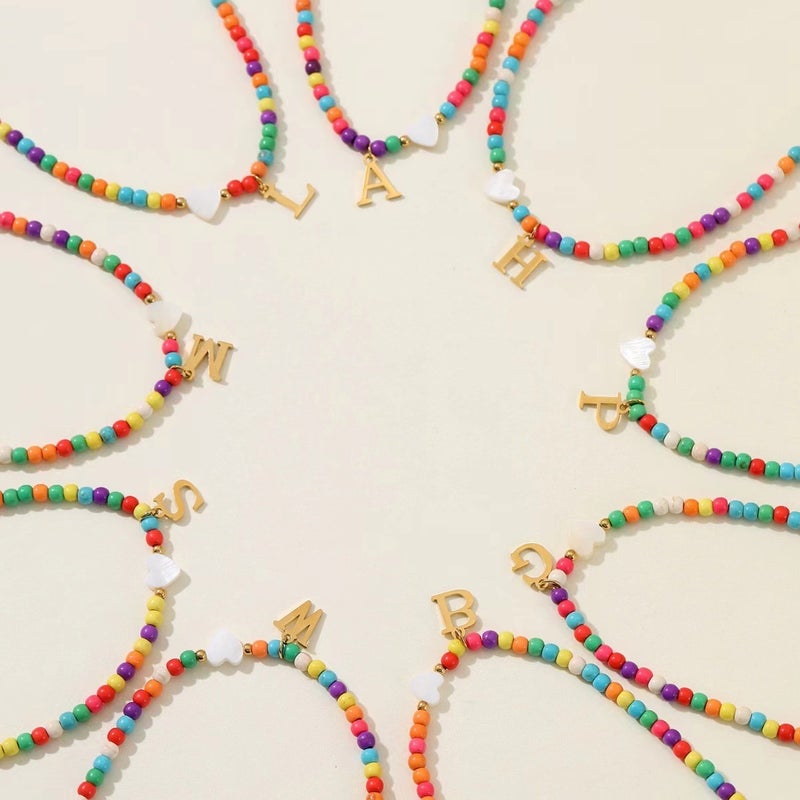 Stainless Steel Mixed Color Bead Alphabet Letter Necklace for Women - Image 3