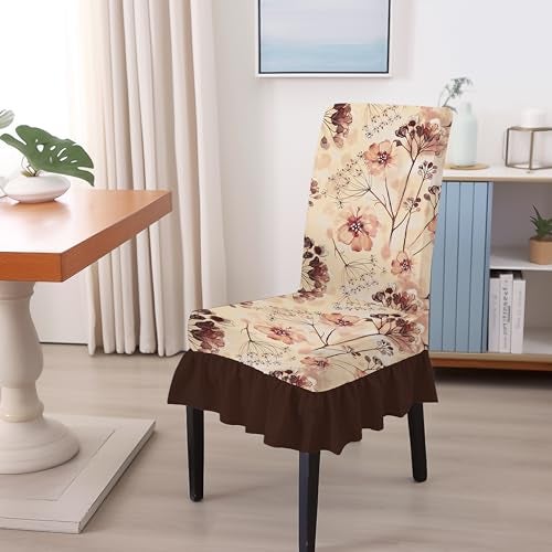 BRIDA Stretchable Floral Geometric Printed Dining Chair Covers Frill Skirt Elastic Chair Seat Case Protector, Slipcovers (4 Chair Cover, Watercolor Leaves) - Image 2