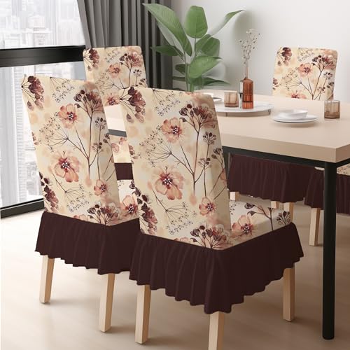 BRIDA Stretchable Floral Geometric Printed Dining Chair Covers Frill Skirt Elastic Chair Seat Case Protector, Slipcovers (4 Chair Cover, Watercolor Leaves) - Image 1