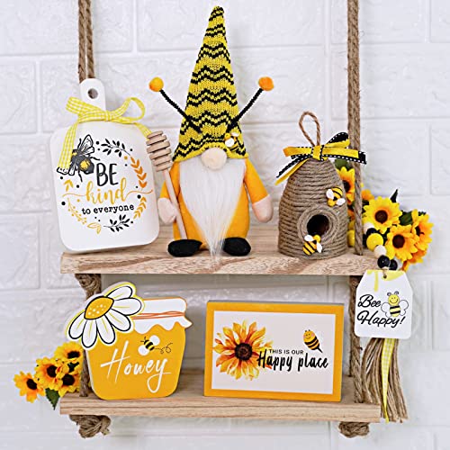 KnomeKo Bumble Bee Tray Decor Set, Gnome Tiered, Farmhouse Decor, Gnome Plush, 3 Signs, Bee Hive, Wood Garland, Rustic Kitchen Decor,Spring Summer Tray Décor, 6PCS - Image 2