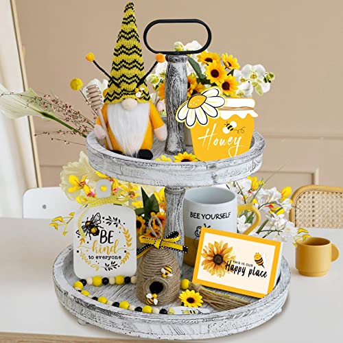 KnomeKo Bumble Bee Tray Decor Set, Gnome Tiered, Farmhouse Decor, Gnome Plush, 3 Signs, Bee Hive, Wood Garland, Rustic Kitchen Decor,Spring Summer Tray Décor, 6PCS - Image 3
