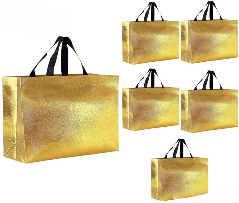 Evafly Unisex Gift Shopping Bag Medium Size Pack of 5 : L17xW5xH12 inch|Resuable Non-Woven Shiny Metallic Laminated|Haldi Kumkum Return Gifts, Jute Bags for Return Gift For Birthday - Large Golden - Image 1