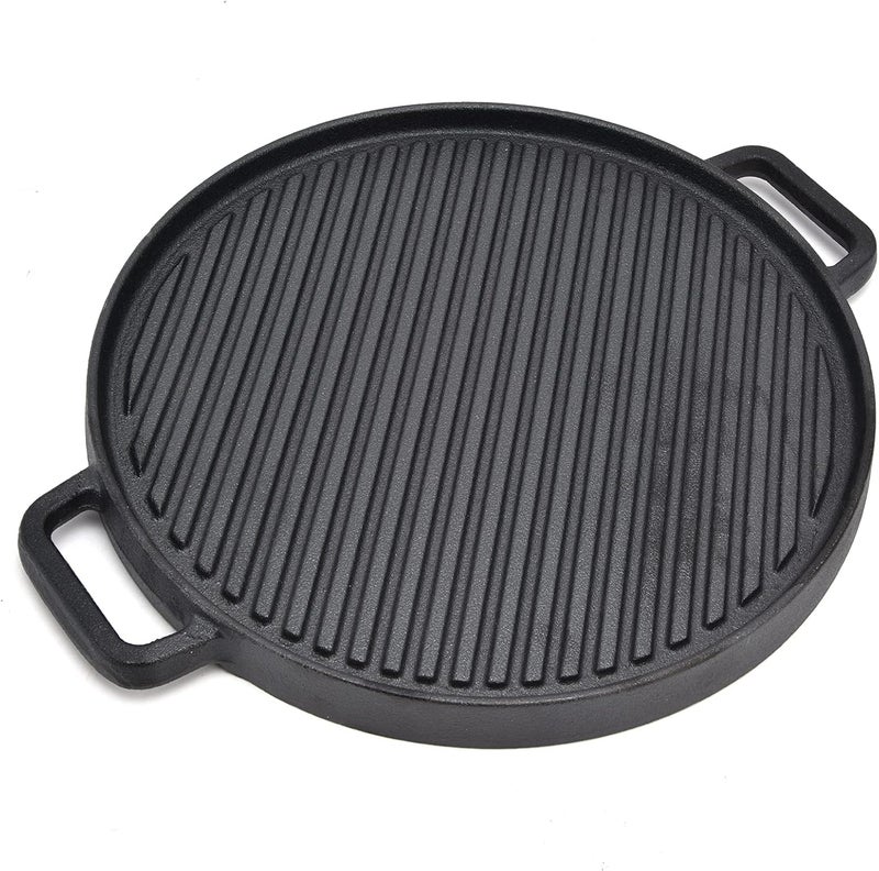 klarako Cast Iron Griddle Grill Pan, 11.8 Inch Double Sided Baking Tray Round Barbecue Pan Cooking Pan Home Outdoor Kitchen Utensils Bakeware for Gas Stovetop Open Flame Stove - Image 1