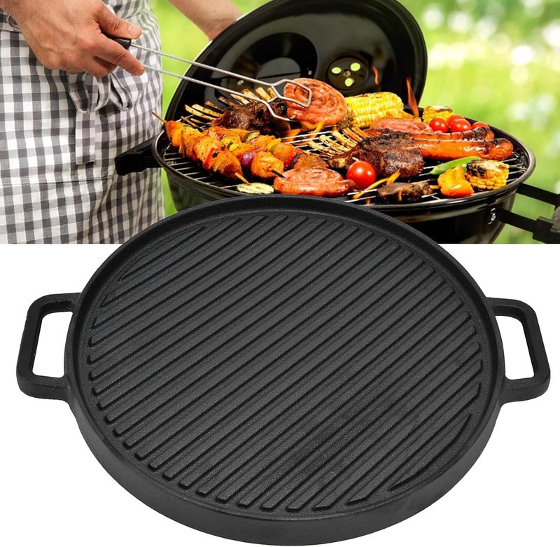 klarako Cast Iron Griddle Grill Pan, 11.8 Inch Double Sided Baking Tray Round Barbecue Pan Cooking Pan Home Outdoor Kitchen Utensils Bakeware for Gas Stovetop Open Flame Stove - Image 2