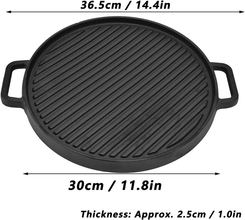 klarako Cast Iron Griddle Grill Pan, 11.8 Inch Double Sided Baking Tray Round Barbecue Pan Cooking Pan Home Outdoor Kitchen Utensils Bakeware for Gas Stovetop Open Flame Stove - Image 3
