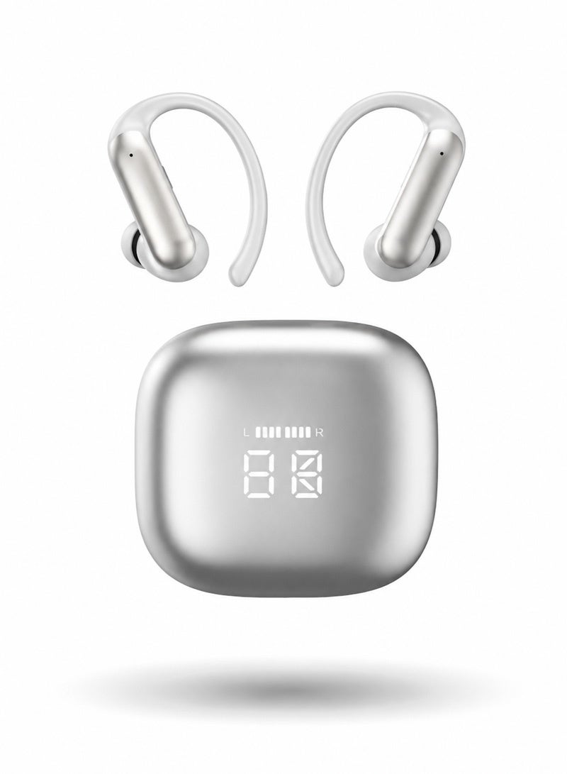 Bluetooth 6.0 Wireless Earbuds TWS Stereo Ear Clip Earphones 38ms Low Latency Gaming Mode HiFi Sound Noise Cancelling Mic Secure Fit Sports Headphones Silver - Image 1