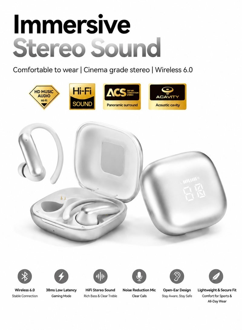 Bluetooth 6.0 Wireless Earbuds TWS Stereo Ear Clip Earphones 38ms Low Latency Gaming Mode HiFi Sound Noise Cancelling Mic Secure Fit Sports Headphones Silver - Image 2