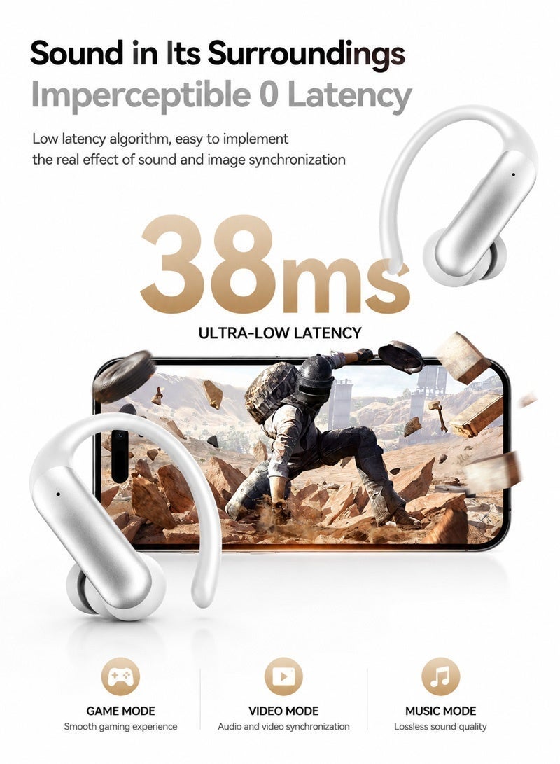 Bluetooth 6.0 Wireless Earbuds TWS Stereo Ear Clip Earphones 38ms Low Latency Gaming Mode HiFi Sound Noise Cancelling Mic Secure Fit Sports Headphones Silver - Image 4