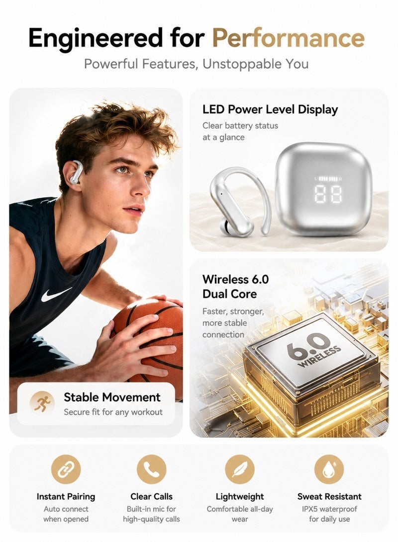 Bluetooth 6.0 Wireless Earbuds TWS Stereo Ear Clip Earphones 38ms Low Latency Gaming Mode HiFi Sound Noise Cancelling Mic Secure Fit Sports Headphones Silver - Image 5