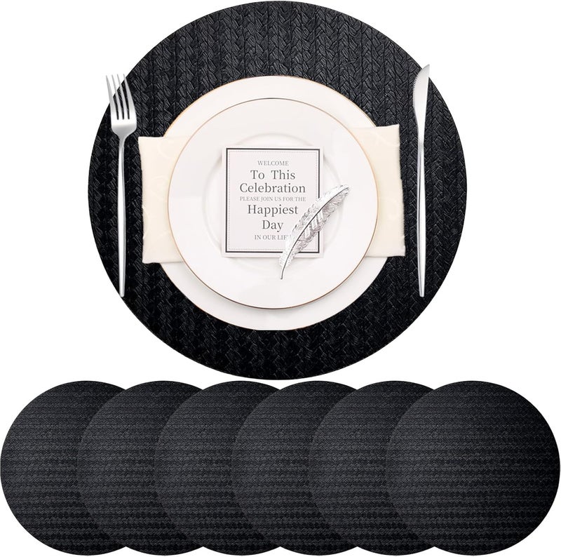 pigchcy Round 15" Water-Resistant Placemats Set of 6, Premium Faux Leather Placemats PVC Easy Clean Table Mats for Hotels Outdoor Dining, Wedding Decor (Black) - Image 1