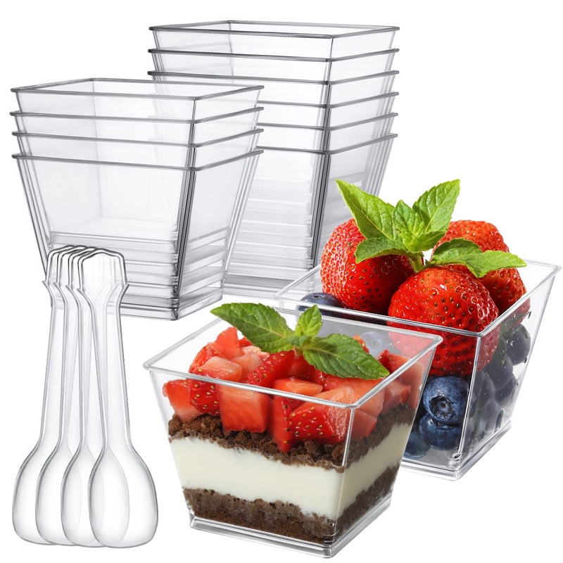 Poever 3.8 oz Plastic Dessert Cups with Spoons 50 Pack  Clear Square Mini Dessert Cups Appetizer Cups Parfait Cups Tumbler Cups for Mousse Puddings  Party Supplies - Image 1