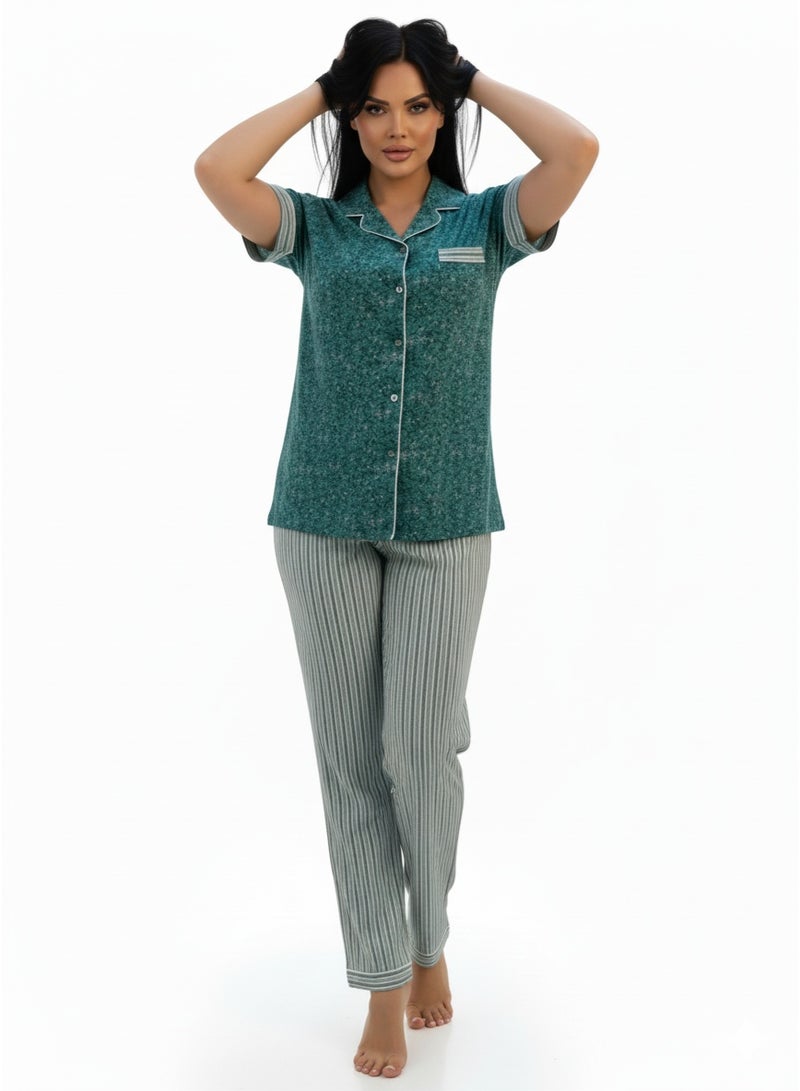 JOANNA Women's Floral Print Button Down Short Sleeve Shirt & Long Pants Pajama Set, Sea Green - Image 4