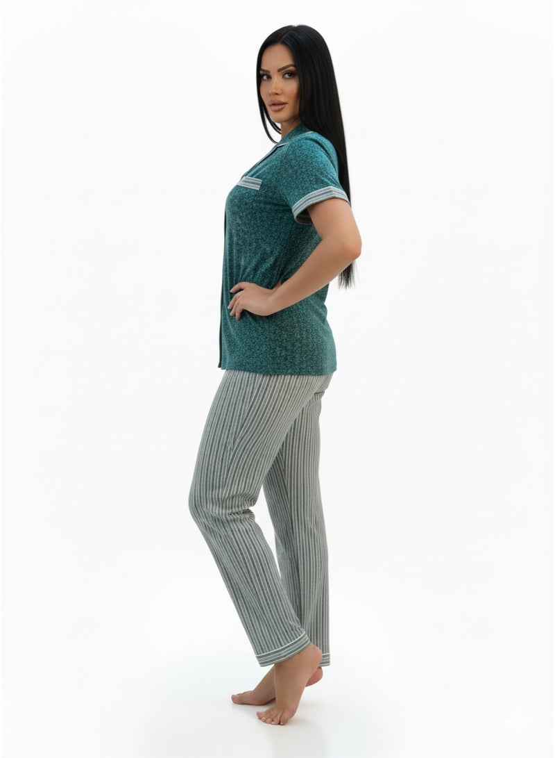 JOANNA Women's Floral Print Button Down Short Sleeve Shirt & Long Pants Pajama Set, Sea Green - Image 5