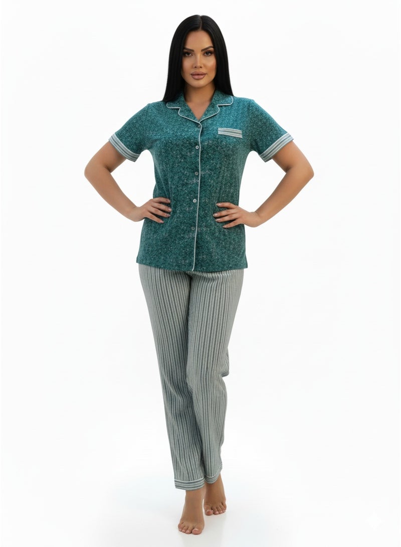 JOANNA Women's Floral Print Button Down Short Sleeve Shirt & Long Pants Pajama Set, Sea Green - Image 2