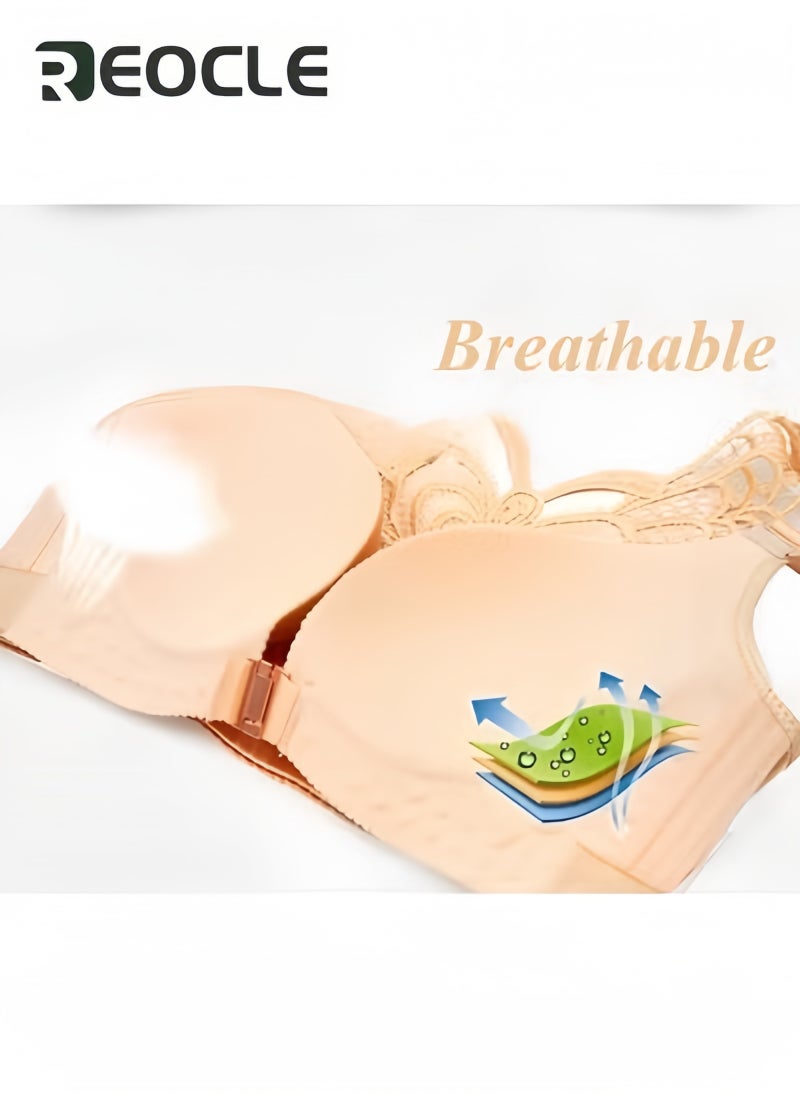 REOCLE Women's Wire-Free Push Up Bra Seamless Front Closure Lace Butterfly Daily Bra Large Size Adjustable Underwear - Image 1