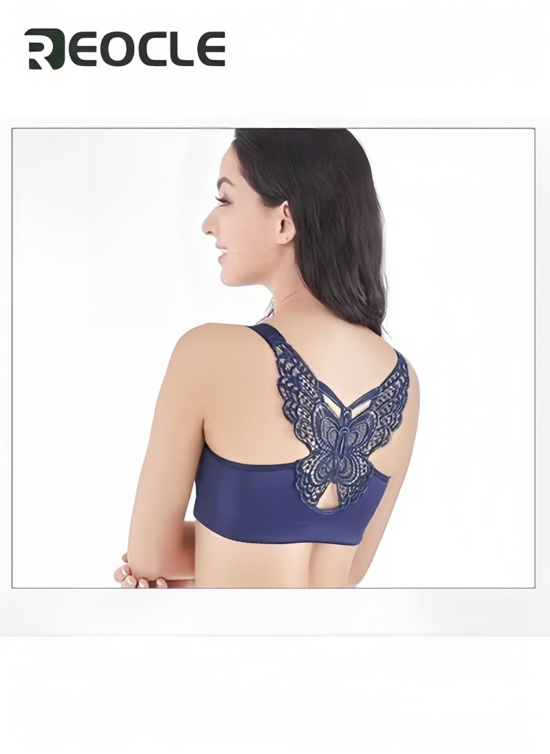 REOCLE Women's Wire-Free Push Up Bra Seamless Front Closure Lace Butterfly Daily Bra Large Size Adjustable Underwear - Image 5