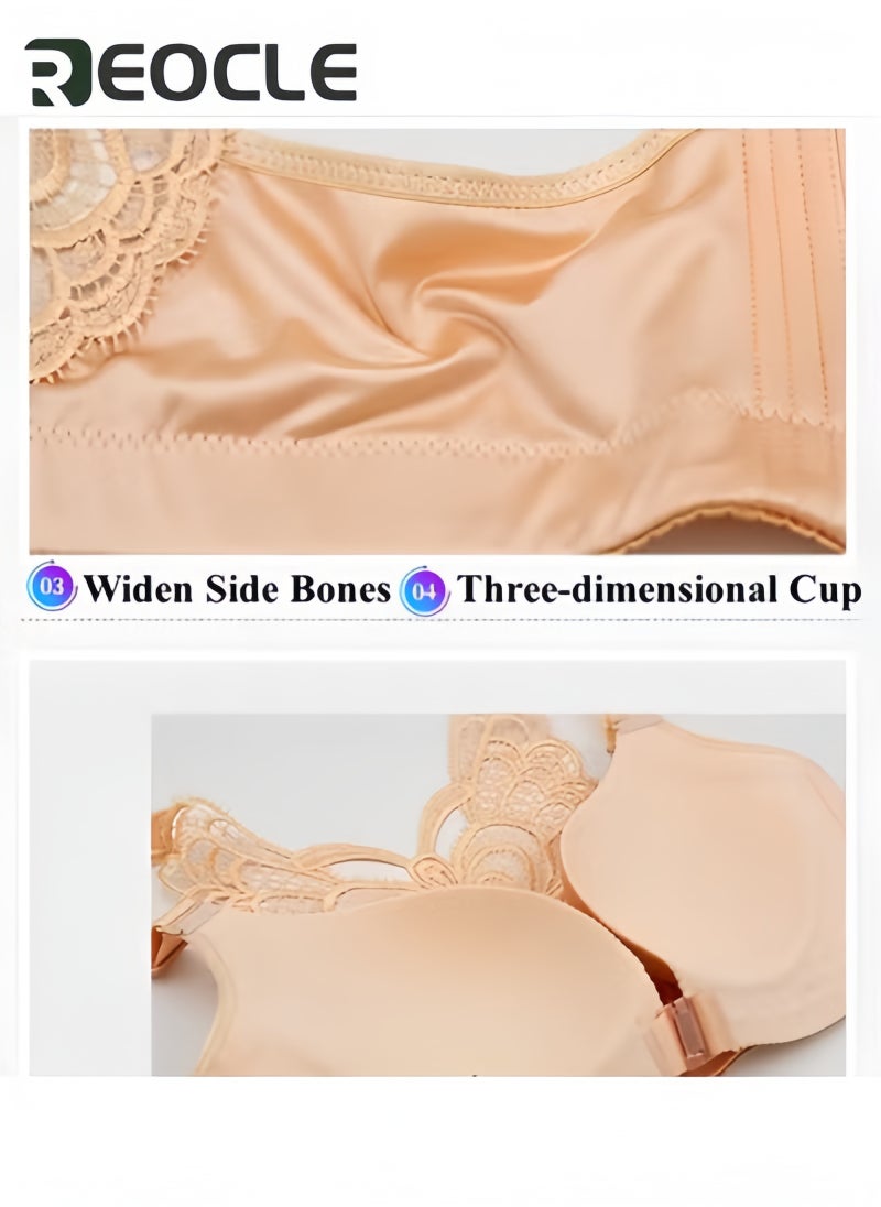 REOCLE Women's Wire-Free Push Up Bra Seamless Front Closure Lace Butterfly Daily Bra Large Size Adjustable Underwear - Image 3