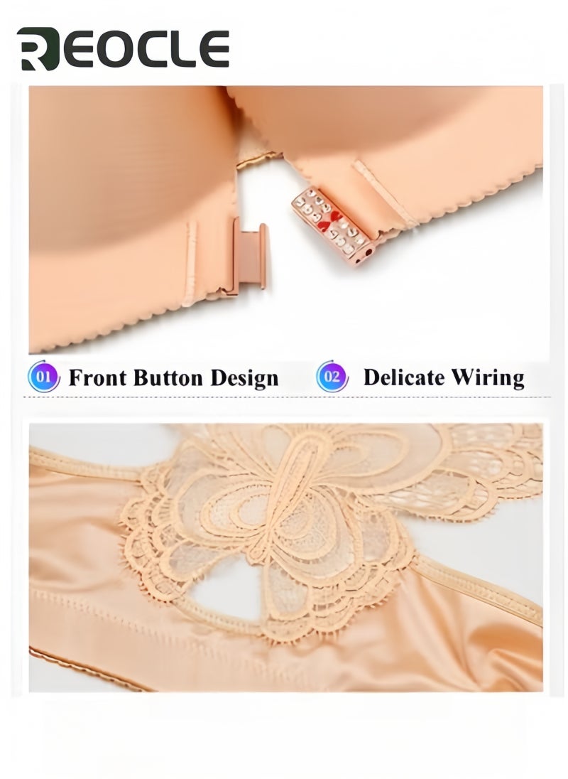 REOCLE Women's Wire-Free Push Up Bra Seamless Front Closure Lace Butterfly Daily Bra Large Size Adjustable Underwear - Image 2