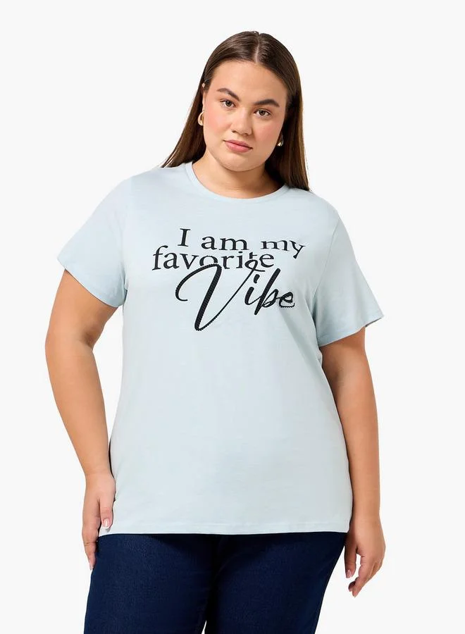 Ulla Popken Ulla Popken Relaxed Fit Cotton T shirt with Slogan Print