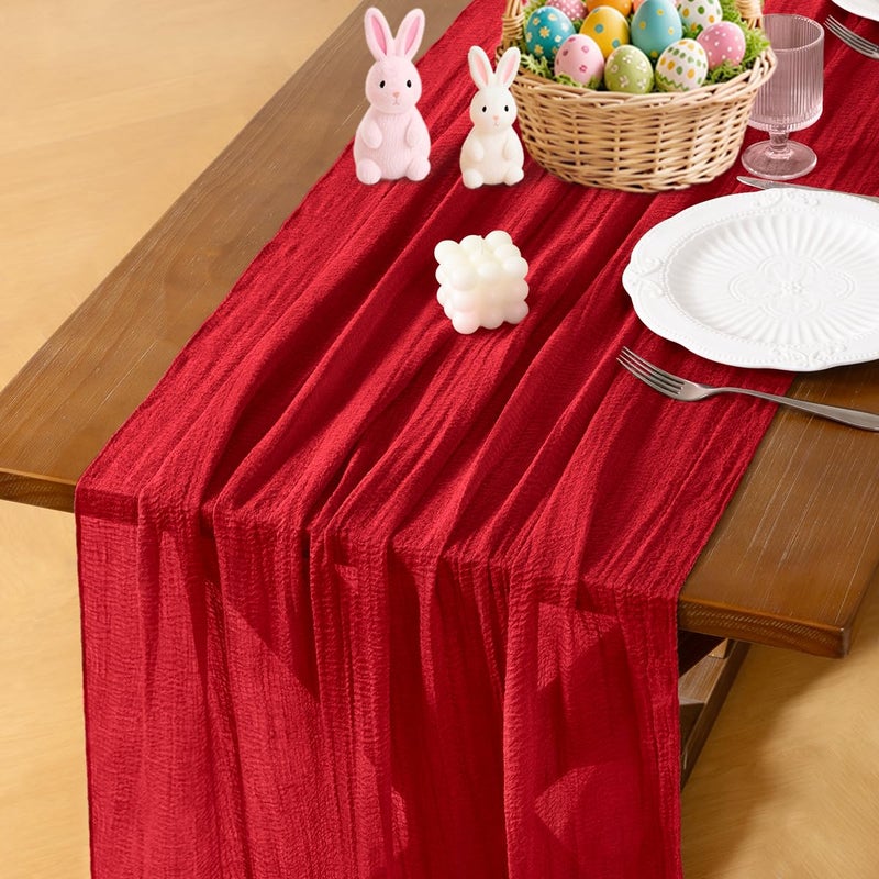 Socomi Red Cheesecloth Table Runner Easter Spring Gauze 120 Inch Rustic Boho Cheese Cloth Runner for Wedding Party Baby Bridal Shower Centerpiece Decoration Holiday Home Decorations - Image 1
