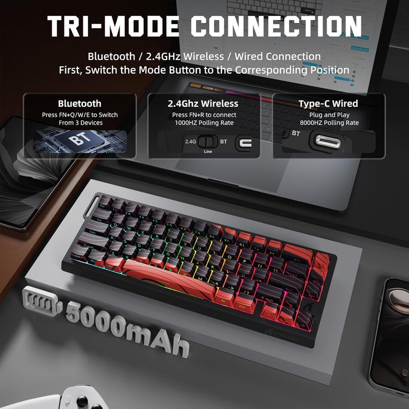 MAMBASNAKE X Attack Shark X68PRO HE Wireless Gaming Keyboard 65% Rapid Trigger, BT/2.4G/Wired, Magnetic Switch 0.01 mm RT,8KHz,Adjustable Actuation Point,5000mAh,RGB,for PC/Mac-Red Contours - Image 3