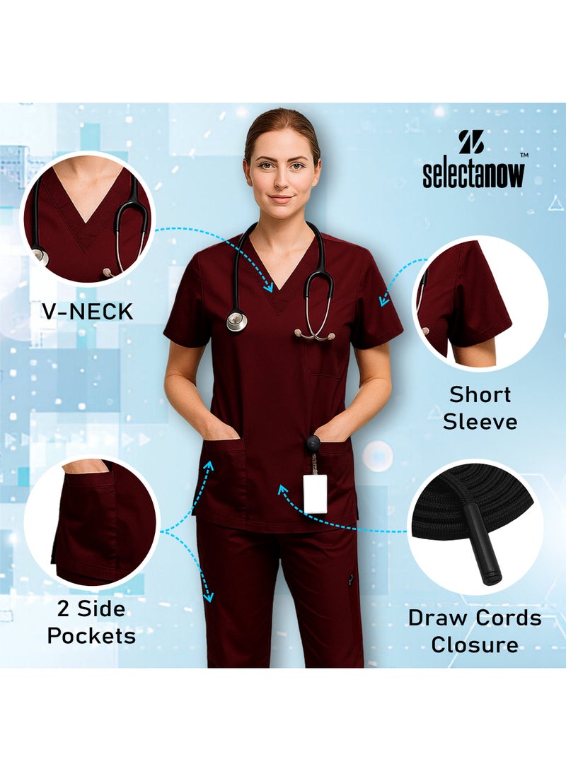 حدد الآن طقم ملابس طبية للرجال والنساء، برقبة على شكل حرف V وجزء سفلي مرن، لون عنابي، ملابس عمل قابلة للتهوية، مناسبة للممرضات والأطباء والعاملين في مجال الرعاية الصحية - Image 5