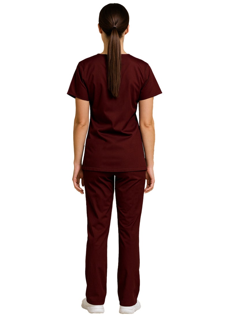 حدد الآن طقم ملابس طبية للرجال والنساء، برقبة على شكل حرف V وجزء سفلي مرن، لون عنابي، ملابس عمل قابلة للتهوية، مناسبة للممرضات والأطباء والعاملين في مجال الرعاية الصحية - Image 3