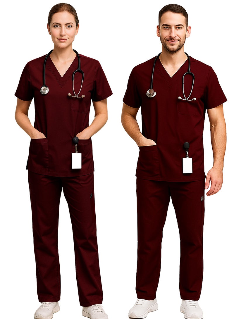 حدد الآن طقم ملابس طبية للرجال والنساء، برقبة على شكل حرف V وجزء سفلي مرن، لون عنابي، ملابس عمل قابلة للتهوية، مناسبة للممرضات والأطباء والعاملين في مجال الرعاية الصحية - Image 2