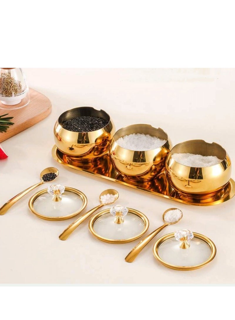 3-Piece Seasoning Box with Spoon and Lid 304 Stainless Steel Condiment Canisters Pots Seasoning Jars for Spice Salt Sugar-Gold - Image 1