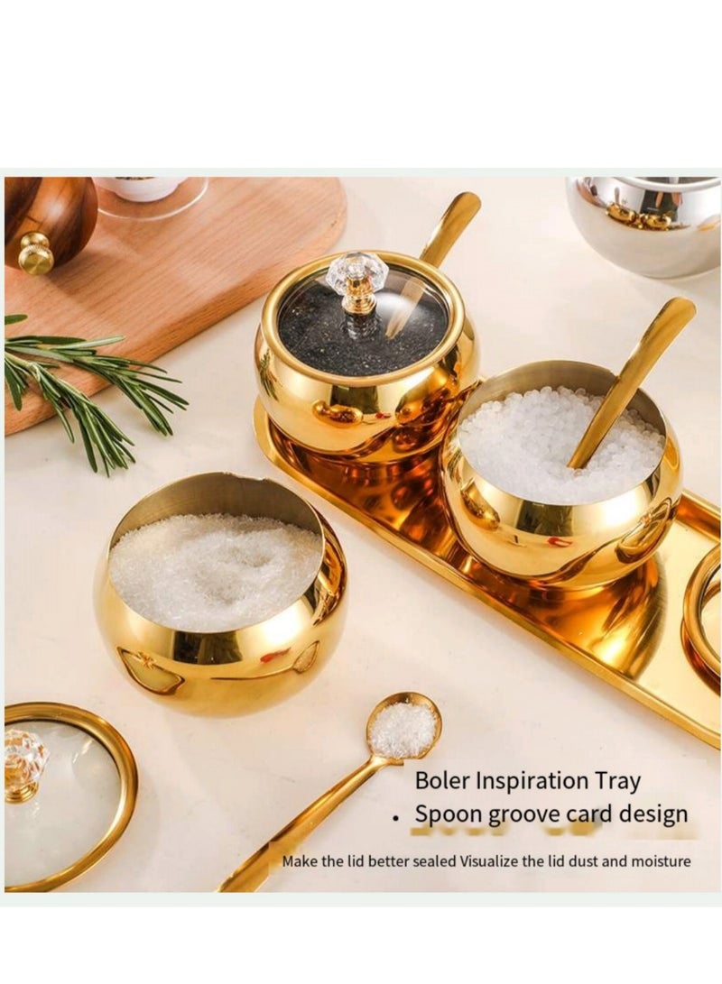 3-Piece Seasoning Box with Spoon and Lid 304 Stainless Steel Condiment Canisters Pots Seasoning Jars for Spice Salt Sugar-Gold - Image 2