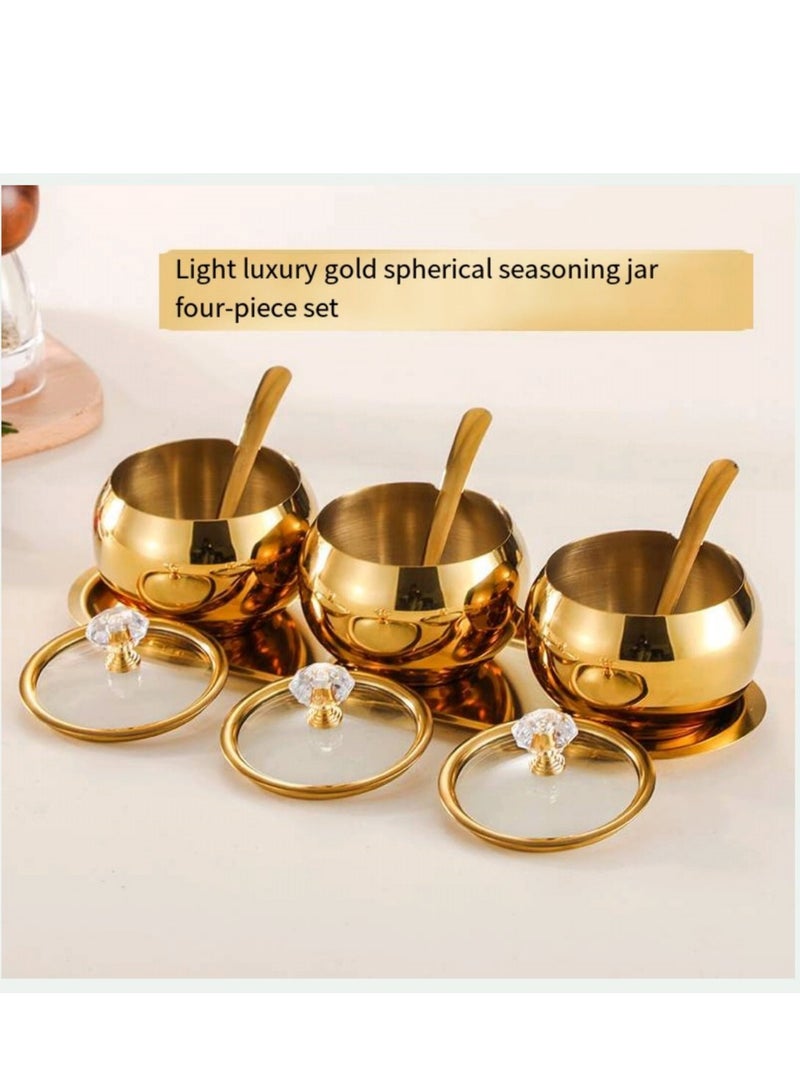 3-Piece Seasoning Box with Spoon and Lid 304 Stainless Steel Condiment Canisters Pots Seasoning Jars for Spice Salt Sugar-Gold - Image 3