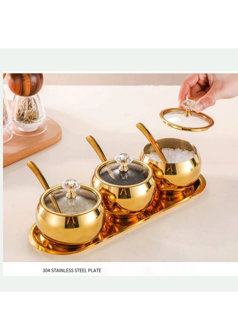 3-Piece Seasoning Box with Spoon and Lid 304 Stainless Steel Condiment Canisters Pots Seasoning Jars for Spice Salt Sugar-Gold - Image 4