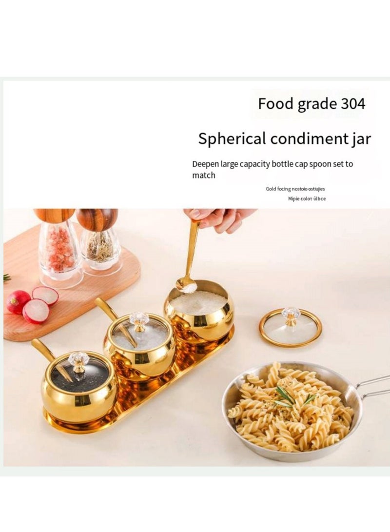 3-Piece Seasoning Box with Spoon and Lid 304 Stainless Steel Condiment Canisters Pots Seasoning Jars for Spice Salt Sugar-Gold - Image 5